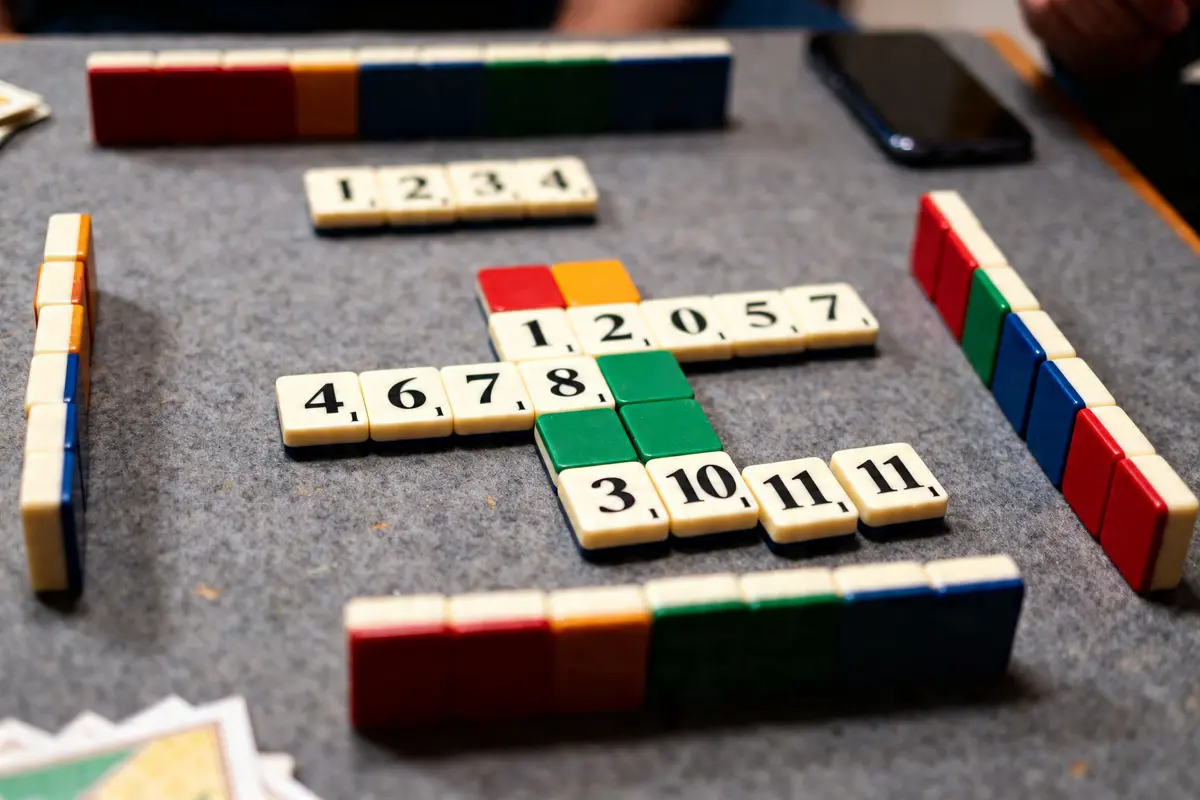 Tuiles et chiffres sur table illustrant le règlement du Rummikub en cours de partie