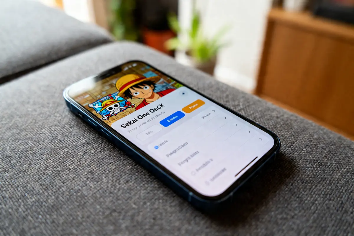 Smartphone affichant le site web Sekai One Piece avec un personnage animé sur l'écran