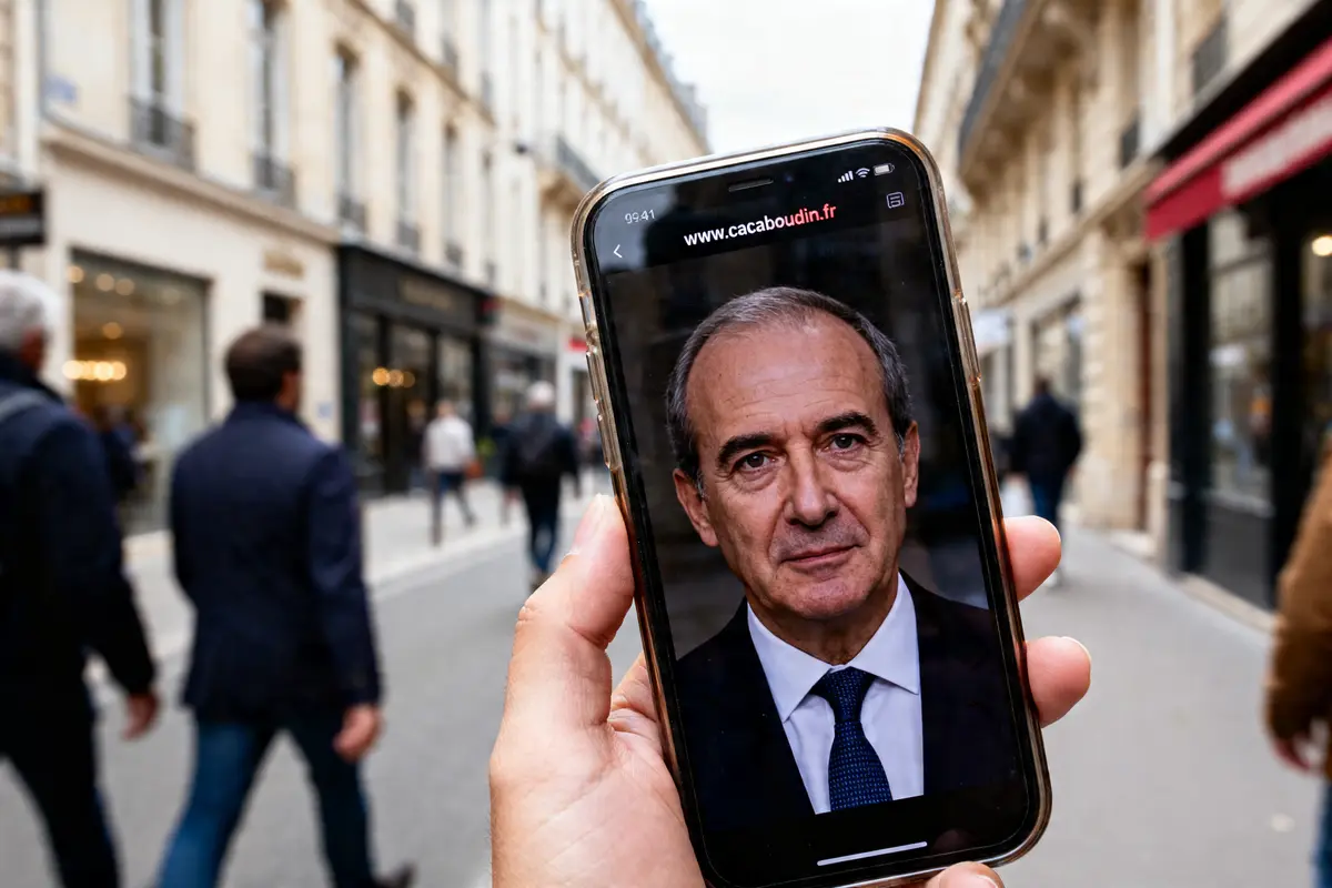Téléphone affichant www.cacaboudin.fr dans une rue animée avec un portrait sur l'écran