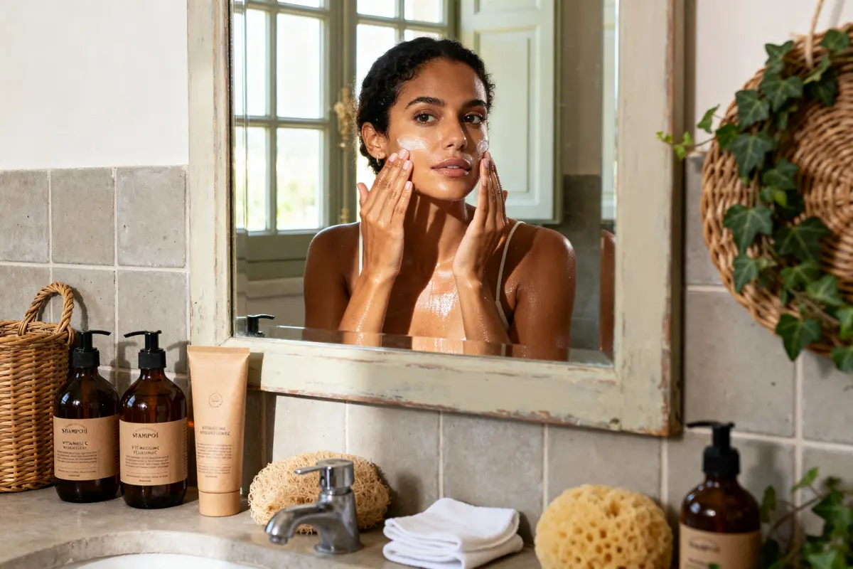 Femme appliquant soin du visage dans salle de bain pour avis sur Patyka skincare