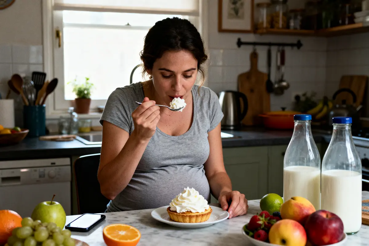 Femme enceinte savourant une tarte avec chantilly dans la cuisine avec fruits et lait