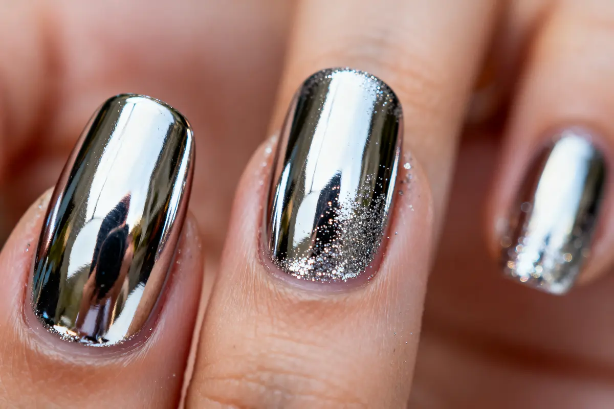 Gros plan ongles chromés étincelants avec effet miroir et paillettes argentées chrome ongles