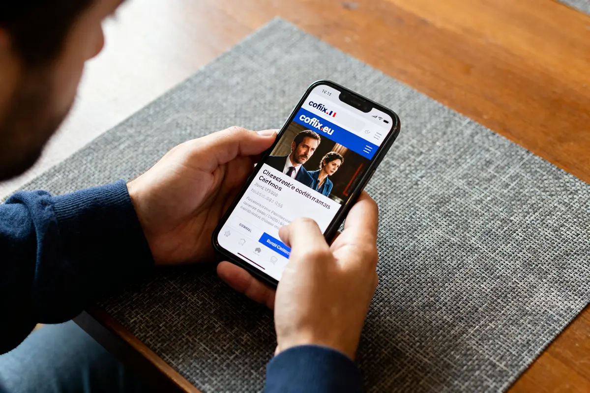 Main tenant un smartphone affichant le site coflix.eu sur l'écran d'accueil.