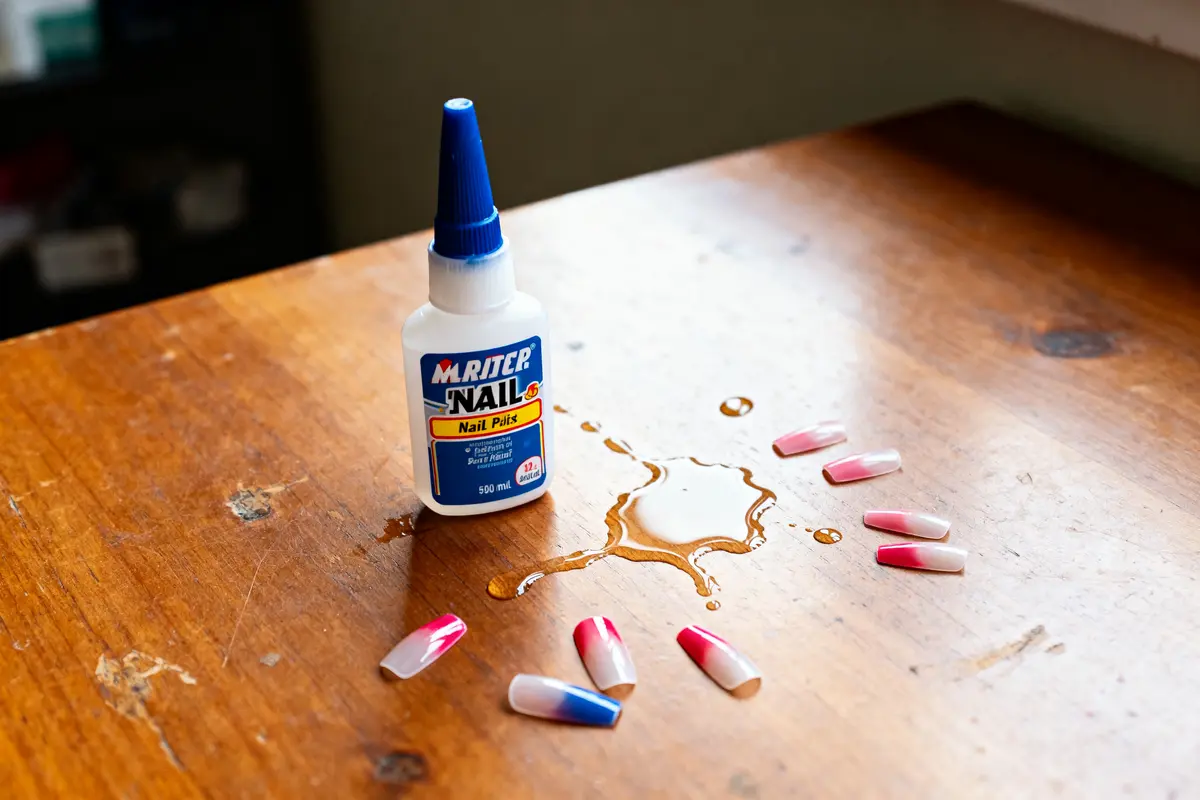 Bouteille renversée de colle pour les faux ongles avec capsules colorées sur une table en bois