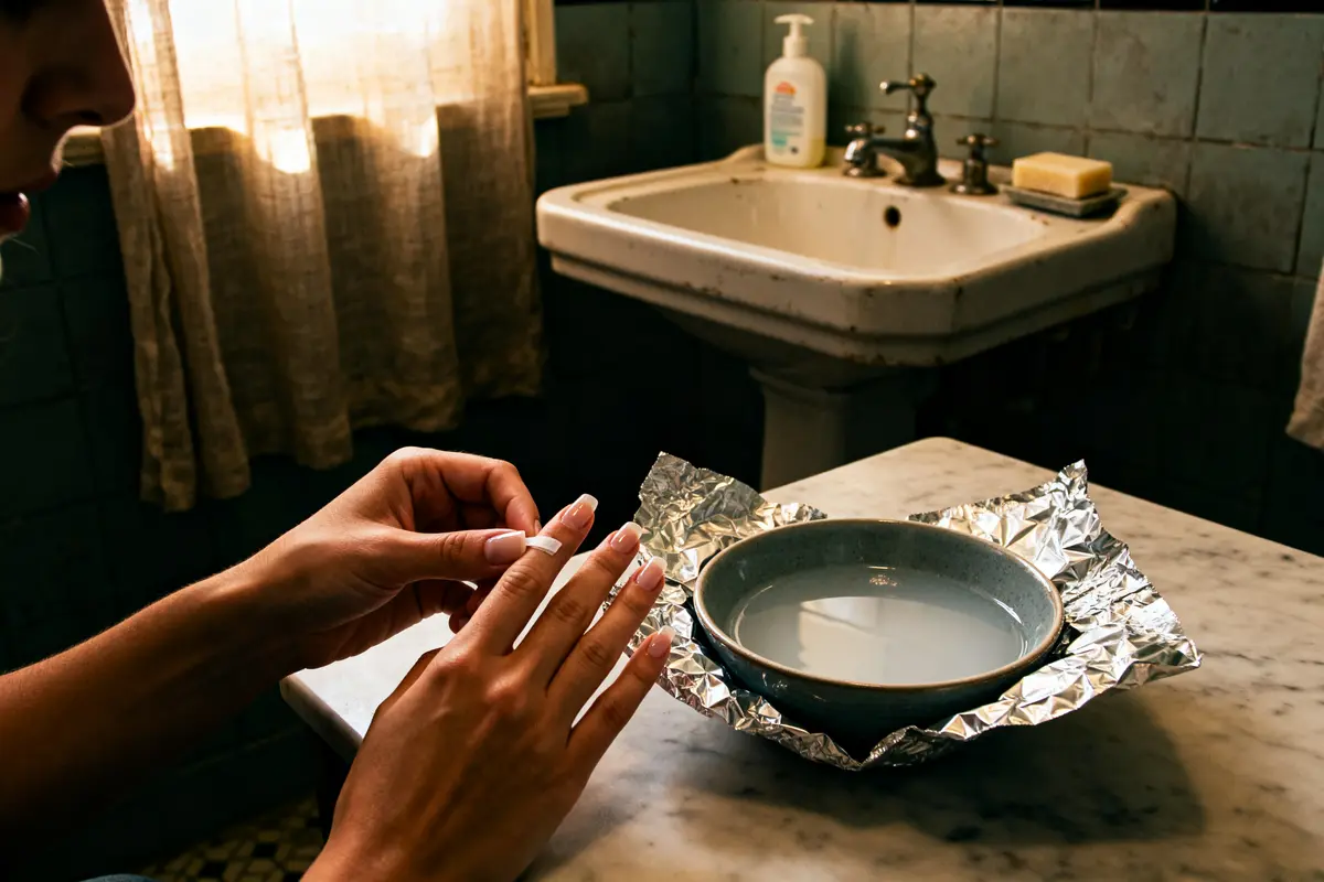 Personne retire du vernis semi permanent avec du papier aluminium et un bol d'acétone