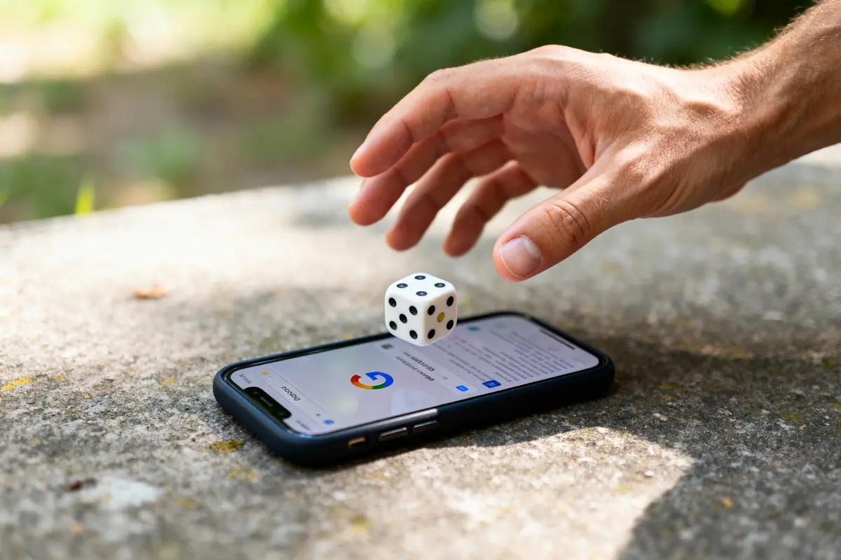 Main lance un dé sur téléphone avec interface pour lancer le dé Google