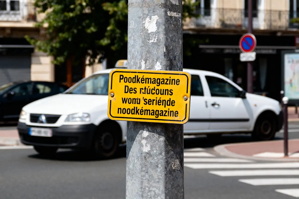 Panneau jaune sur un poteau avec inscription mentionnant noodkemagazine en ville
