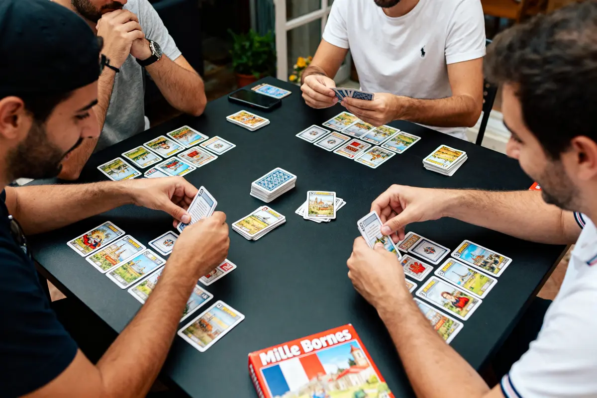 Joueurs appliquant la règle du jeu Mille Bornes autour d'une table avec cartes étalées