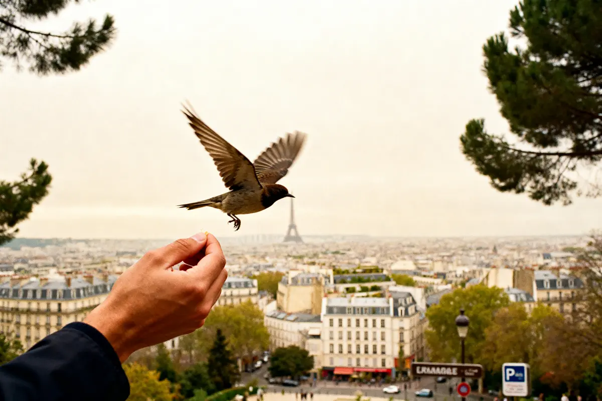 Main nourrissant oiseau en vol avec vue sur Paris et symbole de liberté
