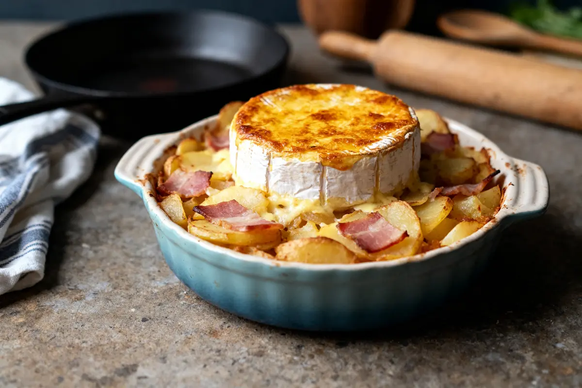 Plat de tartiflette enceinte au fromage doré, lardons et pommes de terre rissolées