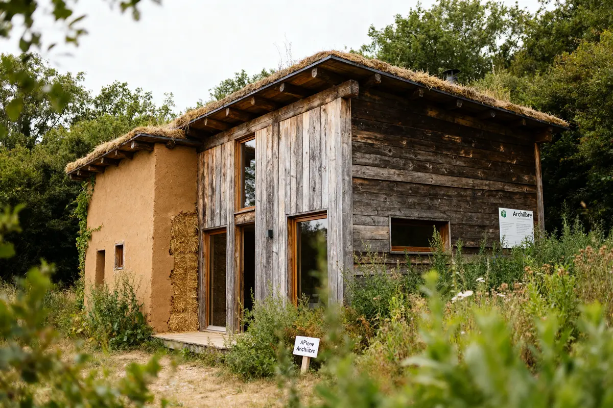 Maison écologique en bois et paille, projet Archilibre, entourée de végétation verdoyante