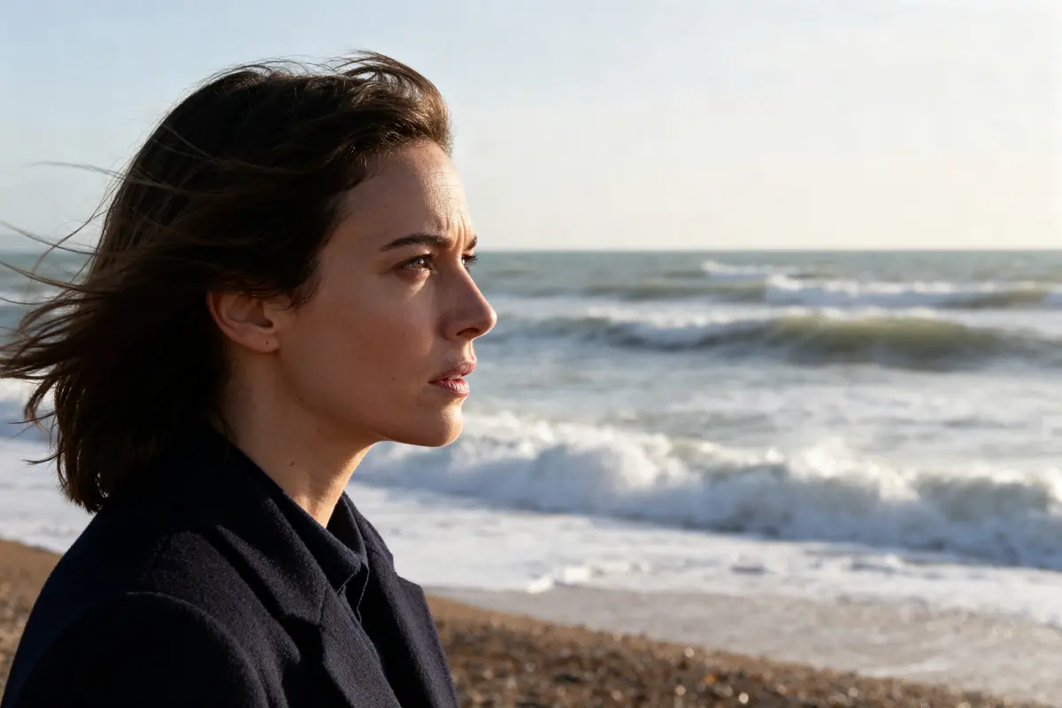 Une femme contemplant l'océan sur la plage avec Moira en arrière-plan.