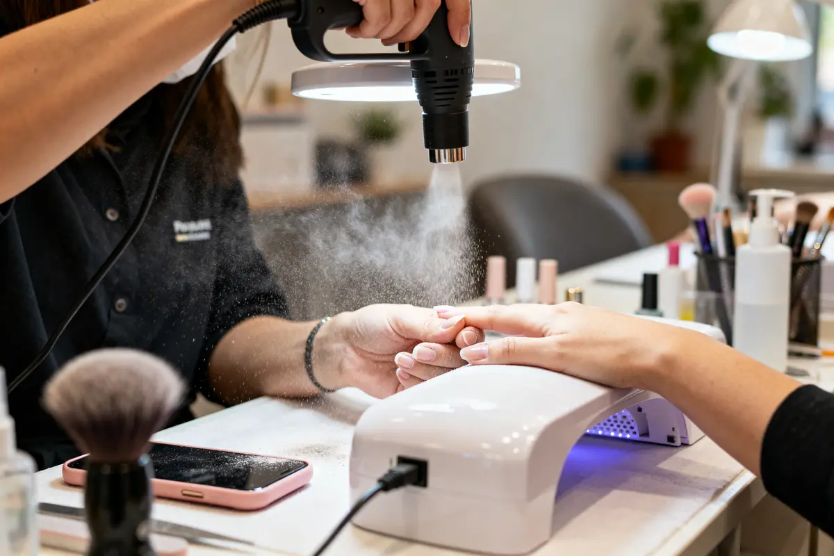 Manucure professionnelle avec aspirateur ongle pour enlever poussière lors du polissage ongle