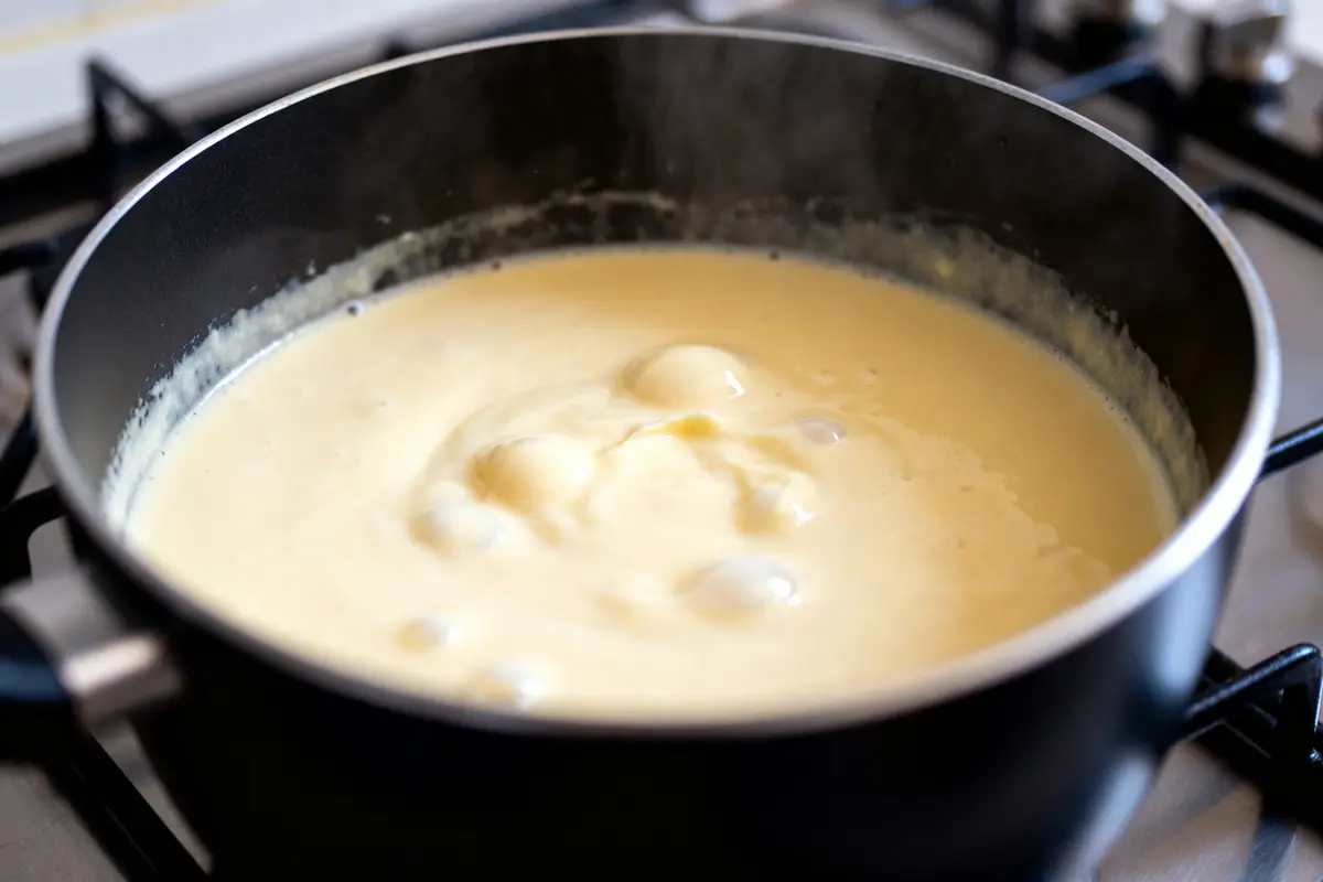 Casserole de crème anglaise enceinte en train de mijoter sur une cuisinière.