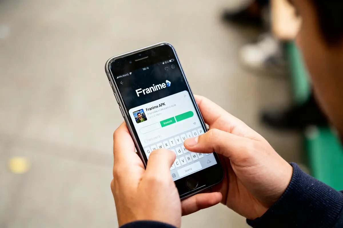 Personne utilisant l'application mobile Franime APK sur smartphone avec écran visible en gros plan