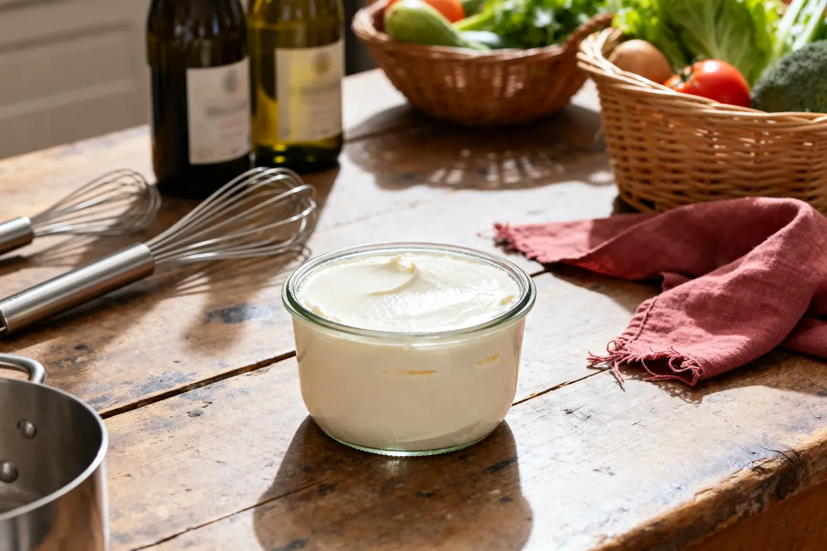Bol de mascarpone enceinte sur table rustique avec fouet et légumes frais.
