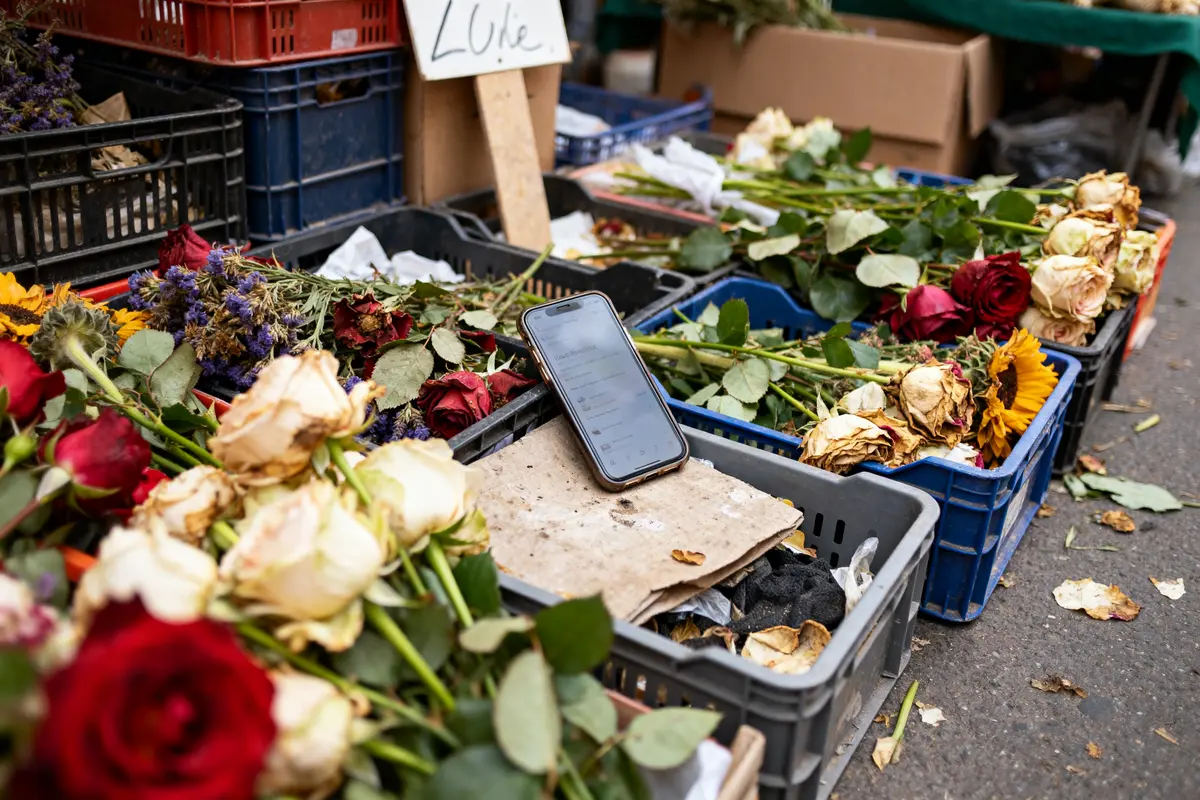 Fleurs fanées dans des caisses avec téléphone affichant avis sur Fleur et Compagnie