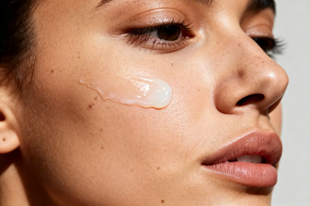 Crème hydratante appliquée sur la joue d'une femme, évoquant le danger de Jouvessence